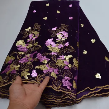 

(5yards/pc) very beautiful embroidered African velvet lace fabric in purple with sequins high quality for party dress VP007