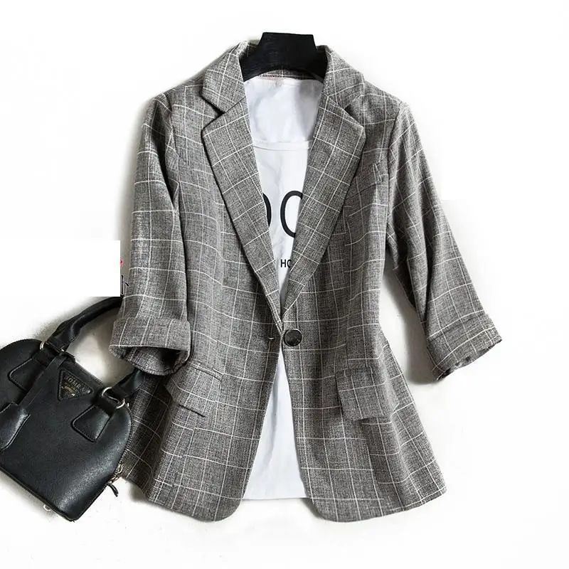 2020 Spring Fashion Women Autumn Coat Seven Sleeve Plaid Suit Jacket Notched Pink Blue Blazer Feminino Plus Size Designer Coats