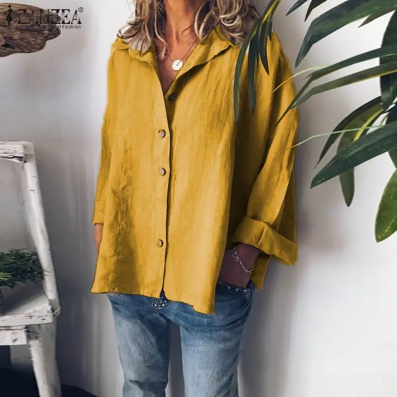 Najtaniej Plus Size kobiety bluzka jesień z długim rękawem stałe tunikowe bluzki ZANZEA moda Lapel Neck przyciski koszula Femininas bawełna pościel Blusas