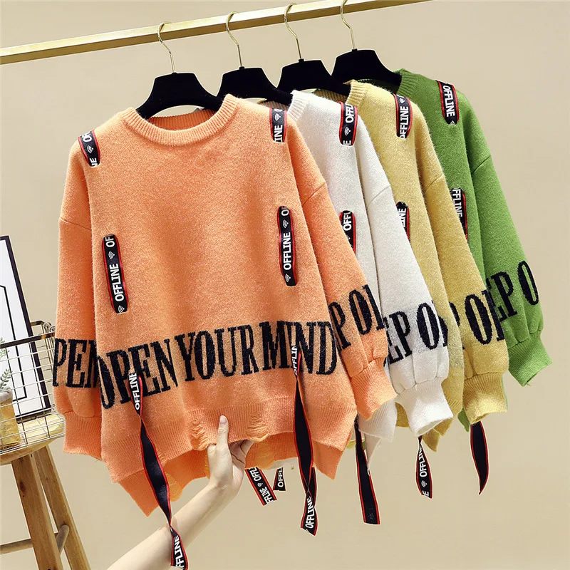 

Pullover Sweater Women Casual Distressed Loose Jacquard Knitted Sweaters Female Autumn Winter 2020 Women's Clothing Outwear Tops