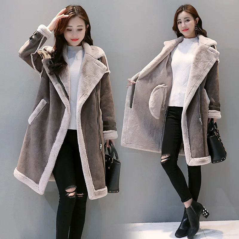 

2018 Suede Coat Women's Winter Mid-length Fur Locomotive Suede Lambs Wool Joint Loose-Fit Overcoat