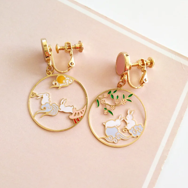 Japanese Heng Feng Clip On Earrings Asymmetrical Rabbit Crane Mountain Clip on Earrings Without Piercing for Girls Women