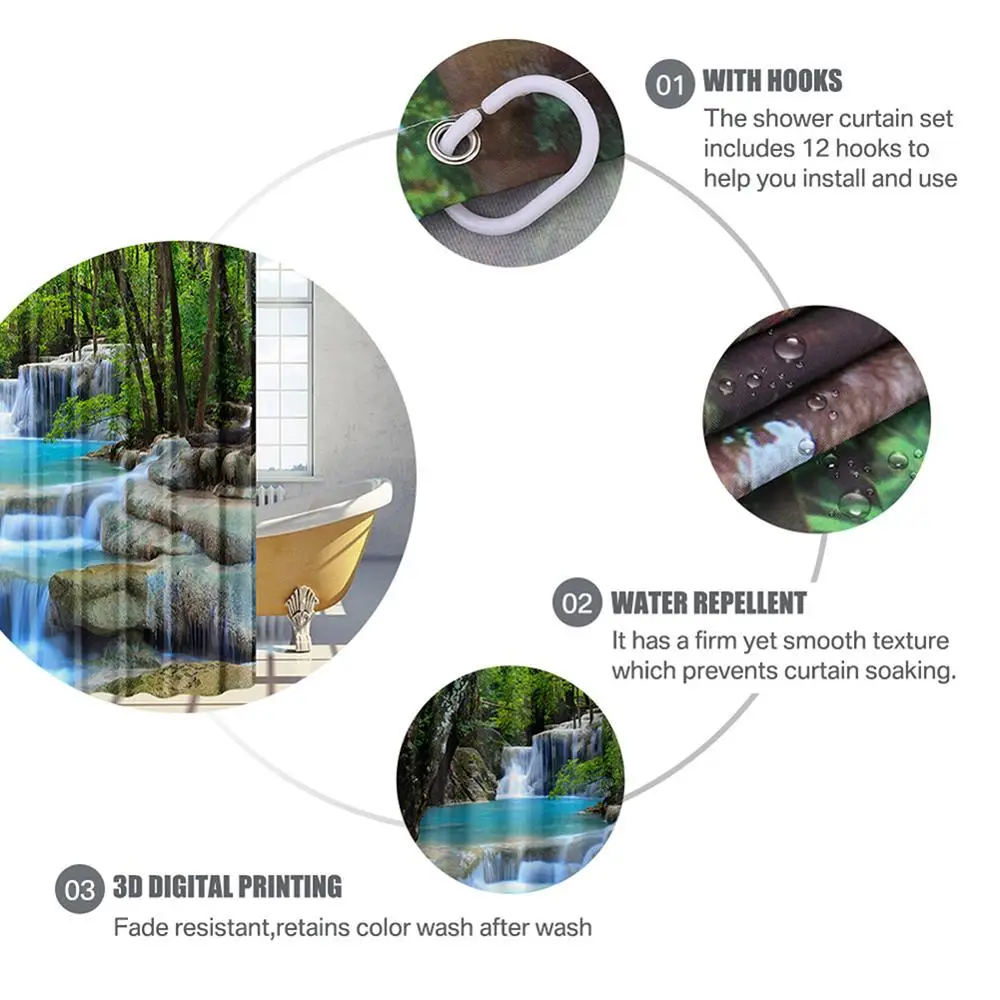 Водонепроницаемая занавеска для душа с крючками бамбуковые зеленые листья