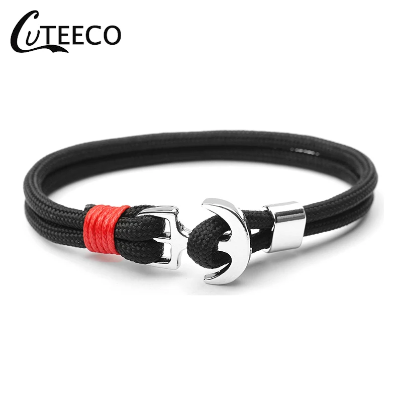 

CUTEECO Fashion Silver Color Anchor Bracelets Men Charm Rope Chain Paracord Bracelet Male Wrap Metal Sport Hooks