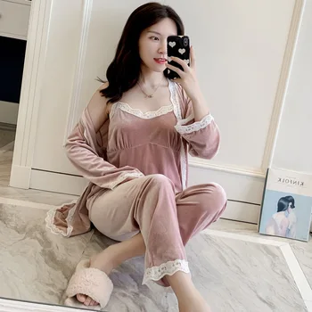 

Spring And Autumn Velvet Pijamas Suit Pinik Bride Bridesmaid Wedding Robe Set Women Velour Warm Soft 2pcs Sleepwear Shirt&pant