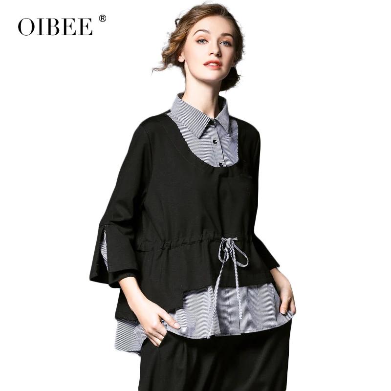 Oibee2019 весенняя и осенняя новая свободная повседневная рубашка из двух частей с рукавом «семь точек» Женская тонкая рубашка большого размера - Цвет: stripe