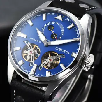 

Corgeut mens automatic watch 47MM moon phase blue dial date Fashion luminous mechanical wristwatches men