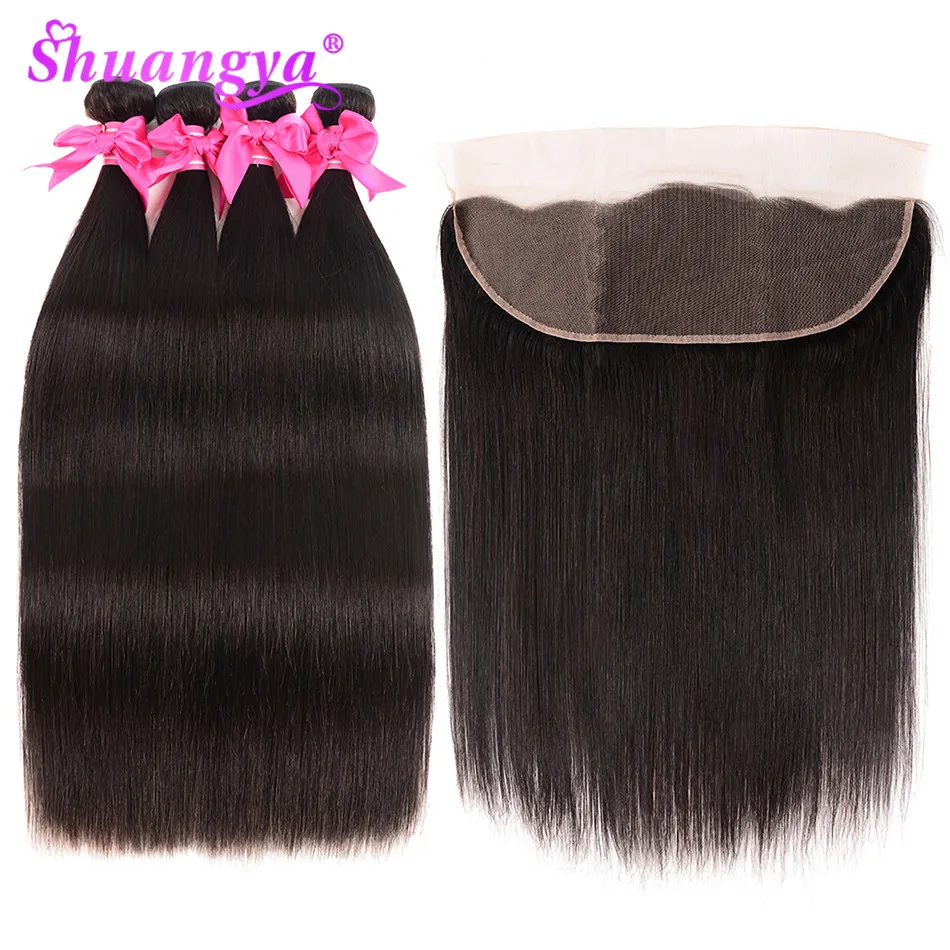 Shuangya волосы бразильские прямые волосы пряди с фронтальной remy волосы фронтальная с пряди человеческие волосы 3 пряди с фронтальной