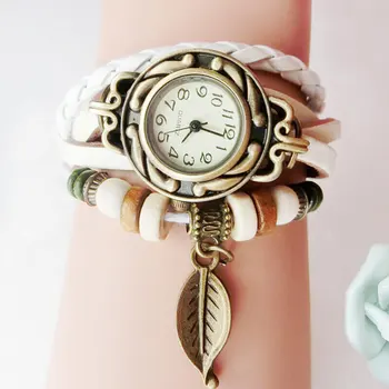 

Vintage Bracelet Quartz Wrist Watch with Weave Wrap Leather Band Leaf Beads for Women HSJ88
