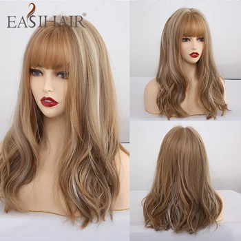 

EASIHAIR Medium Wave Wigs with Bangs Brown Blonde Synthetic Wigs for Black Women Cosplay Wigs with Highlights Heat Resistant Wig