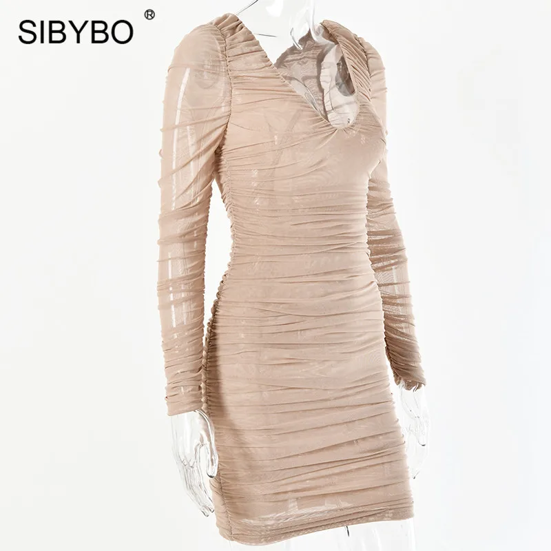 SIBYBO, весеннее Плиссированное сексуальное облегающее платье с двойной сеткой, модное летнее Мини-платье с длинным рукавом и v-образным вырезом, однотонные Клубные вечерние женские платья