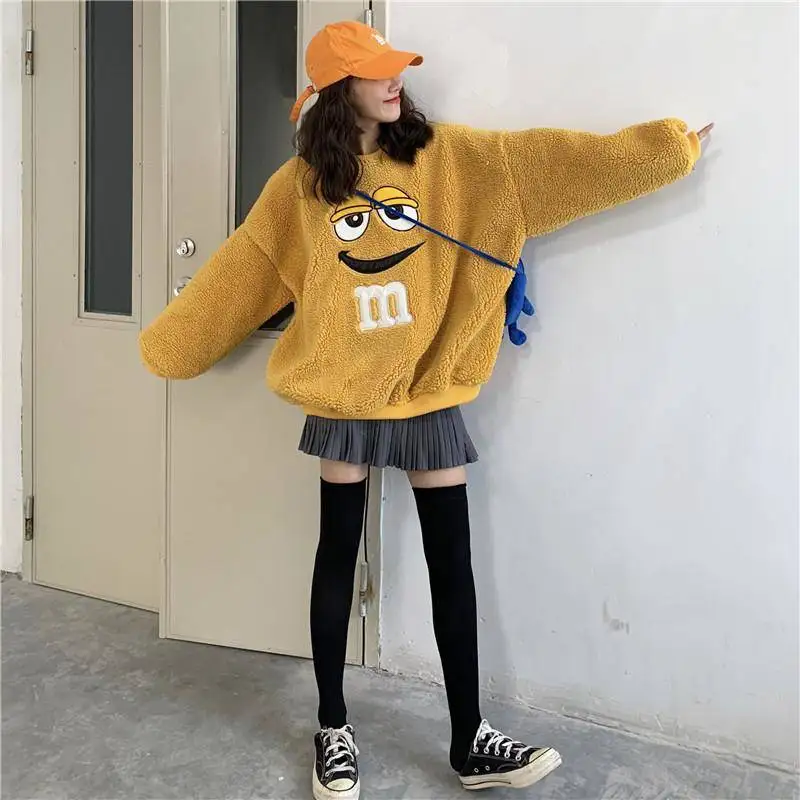 NiceMix Модные свободные толстовки для девочек Kawaii, шикарный женский топ, Женский Повседневный милый флисовый Топ с длинным рукавом и мультипликационным принтом