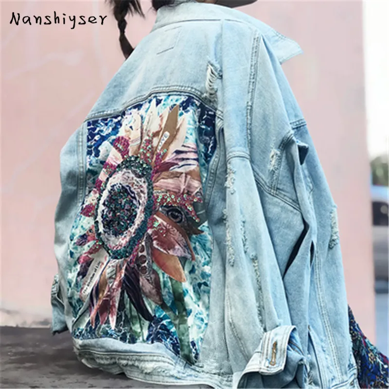 

Streetwear Autumn Chic Hand-work Diamonds Patch Print design Women Denim jacket Femme Veste Loose Harajuku Hole Jeans Outerwear