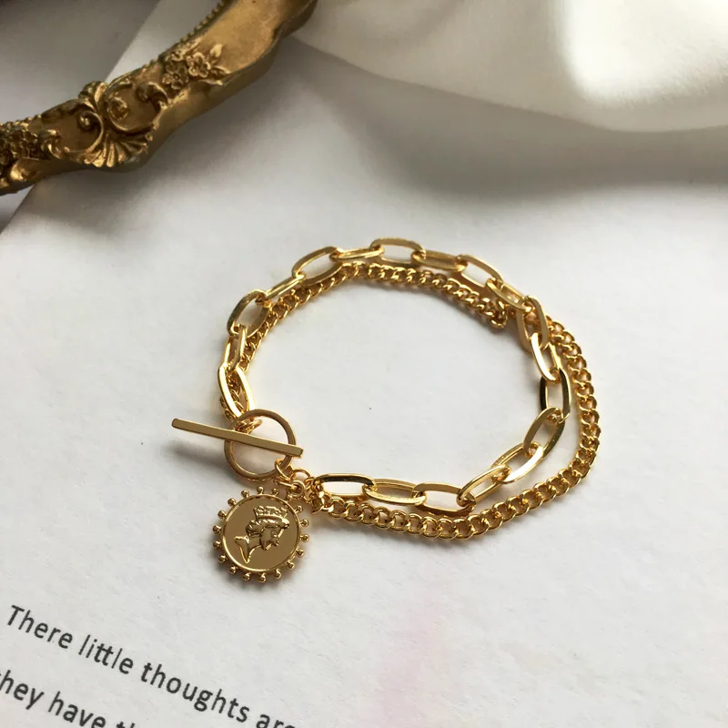 

Linmouge Punk Hip Hop Coin Bracelet Bohemia rETRO Multilayer Geometric Peandant Fashion Gold Color Vintage Female Jewelry BG8