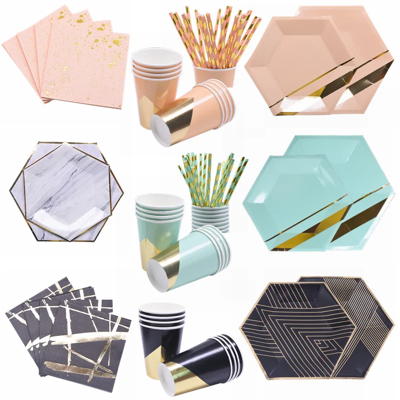 

Black Pink Gold Marble Disposable Tableware Paper Plate Cup Napkin Straws Wedding Birthday Home Party Tableware Decor Supplies