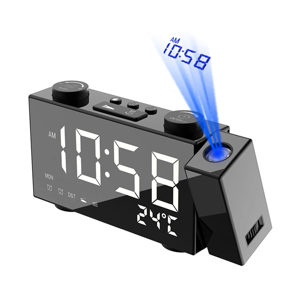 Digital Alarm Clock FM Projection Radio Alarm Clock with Snooze Thermometer Table Clock USB LEDs Alarm Clocks