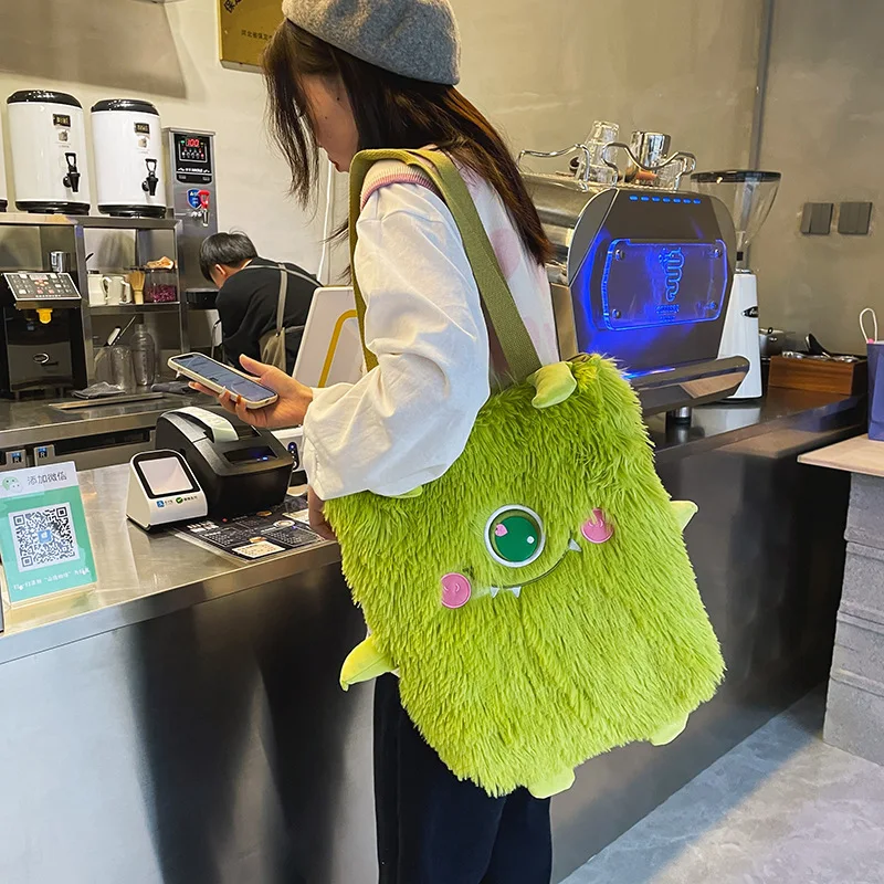 Winter Soft Plush Shoulder Bag Women Cute Little Monster Embroidery Handbags Faux Fur Women Bags Student Book Bag Shopper Bag handbags