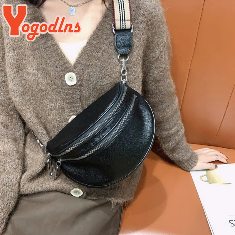 Yogodlns Bolso de pecho negro Vintage para mujer, de cuero suave, Correa ancha para el hombro, riñonera de | - AliExpress