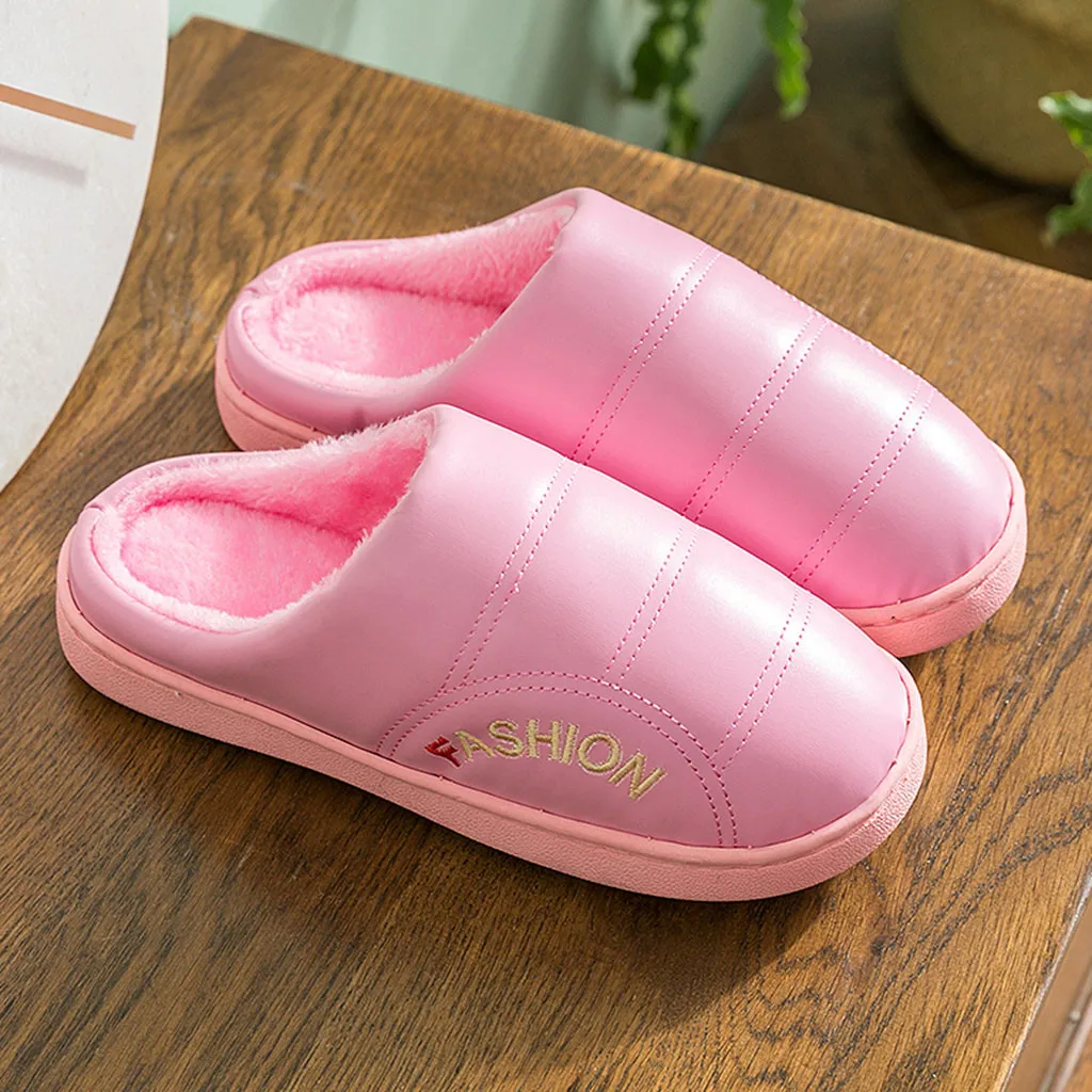 Winter Warm Leather Home Slipper Shoes Woman New Arrival Flat Non-slip Indoor Slipper Woman Shoes Plus Velvet Large Size Slipper