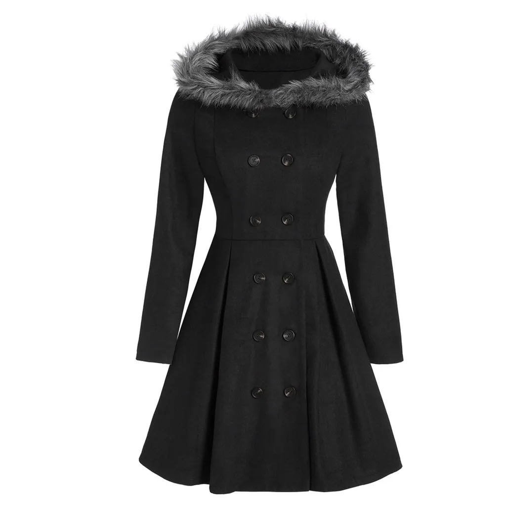 Женское теплое шерстяное пальто с капюшоном из искусственного меха зимнее двубортное повседневное элегантное приталенное длинное пальто с длинным рукавом женские модные пальто