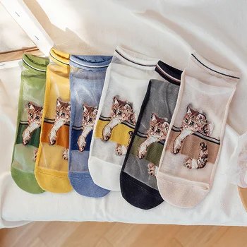 

New Cartoon Women Transparent Socks Fashion Student Kawaii Sock Thin Spring And Summer Cat Short Socks