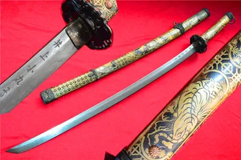 

Handmade Japanese Sword Samurai Katana Sign Damascus Steel Blade Brass Sheath W/ Tiger