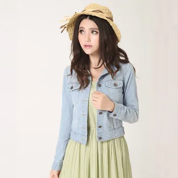 

Yocalor Vintage Autumn Fashion Women Denim Coats Clothes Turn-down Collar Crop Top Solid Slim Long Sleeve Ladies Jackets