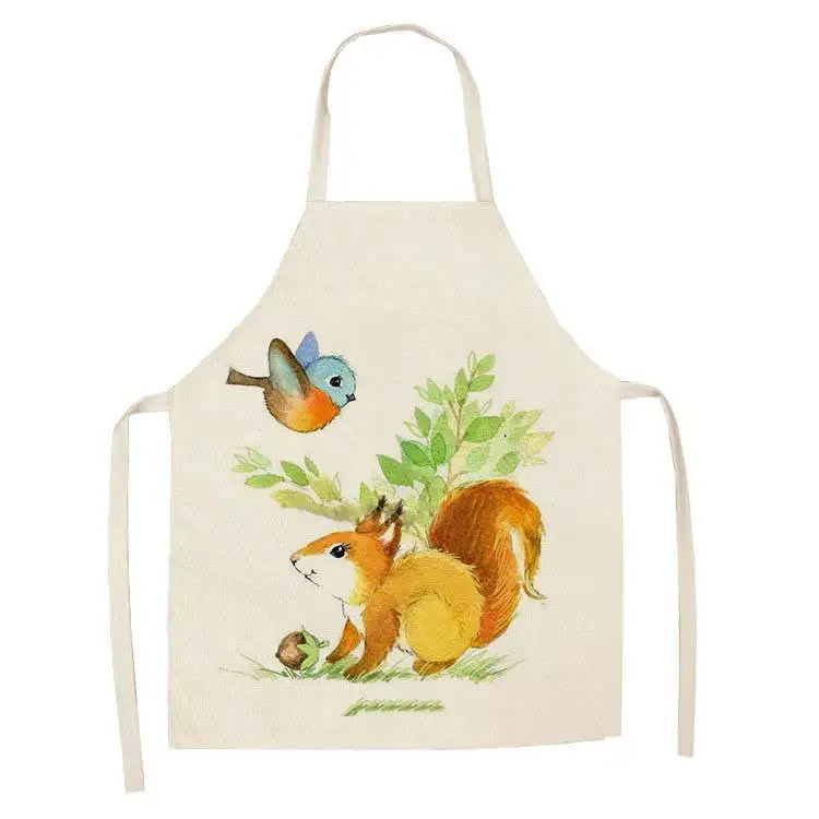 1Pcs Kitchen Apron Cartoon animal fox women Printed Sleeveless Cotton Linen Aprons for Men Women Home Cleaning Tools WQTF06