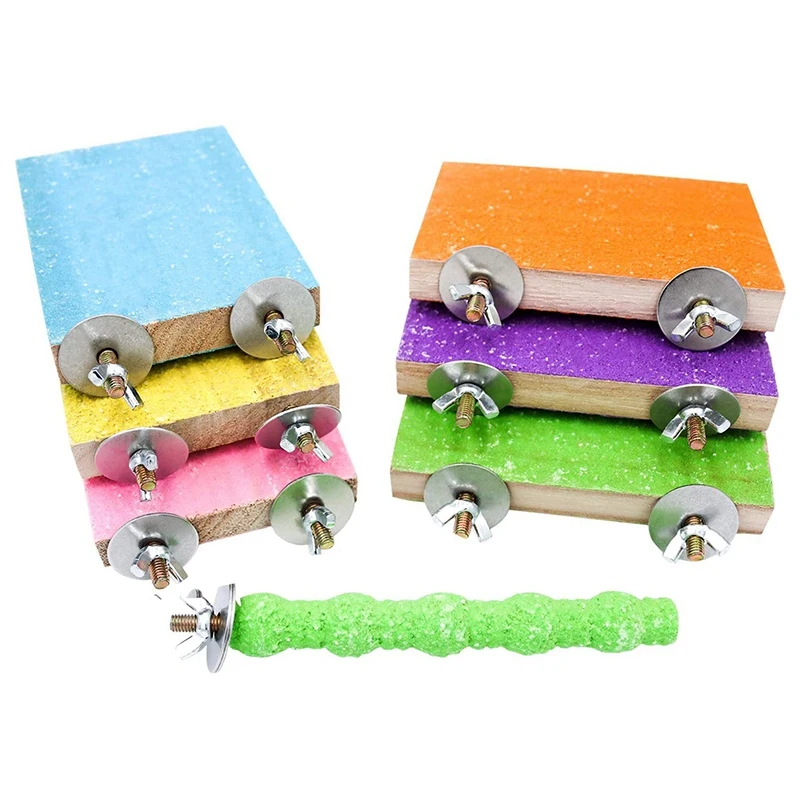 

6 Pieces of Bird Perch Rack Toy Parrot Rack Platform Color Sand Claw Grinding Stick Cage Cage Accessory Set
