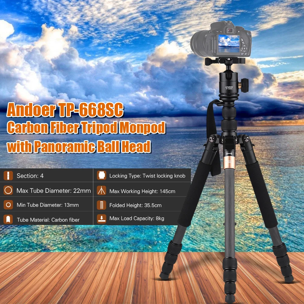 Andoer TP-668SC gorillapod Портативный углеродного волокна штатив для фотографии туристический штатив монопод с панорамной шариковой головкой