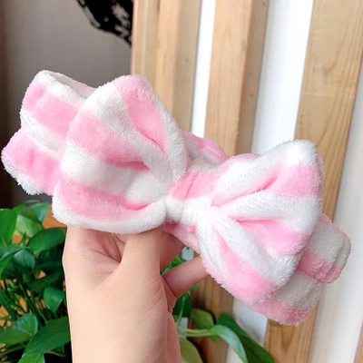 Striped Pink Новинка, лента для волос в горошек, в полоску, с бантом, для мытья волос, простая, Корейская, милая, Мягкая повязка на голову, ширина, не скользит, макияж, маска, повязка на голову для женщин - Цвет: Striped Pink