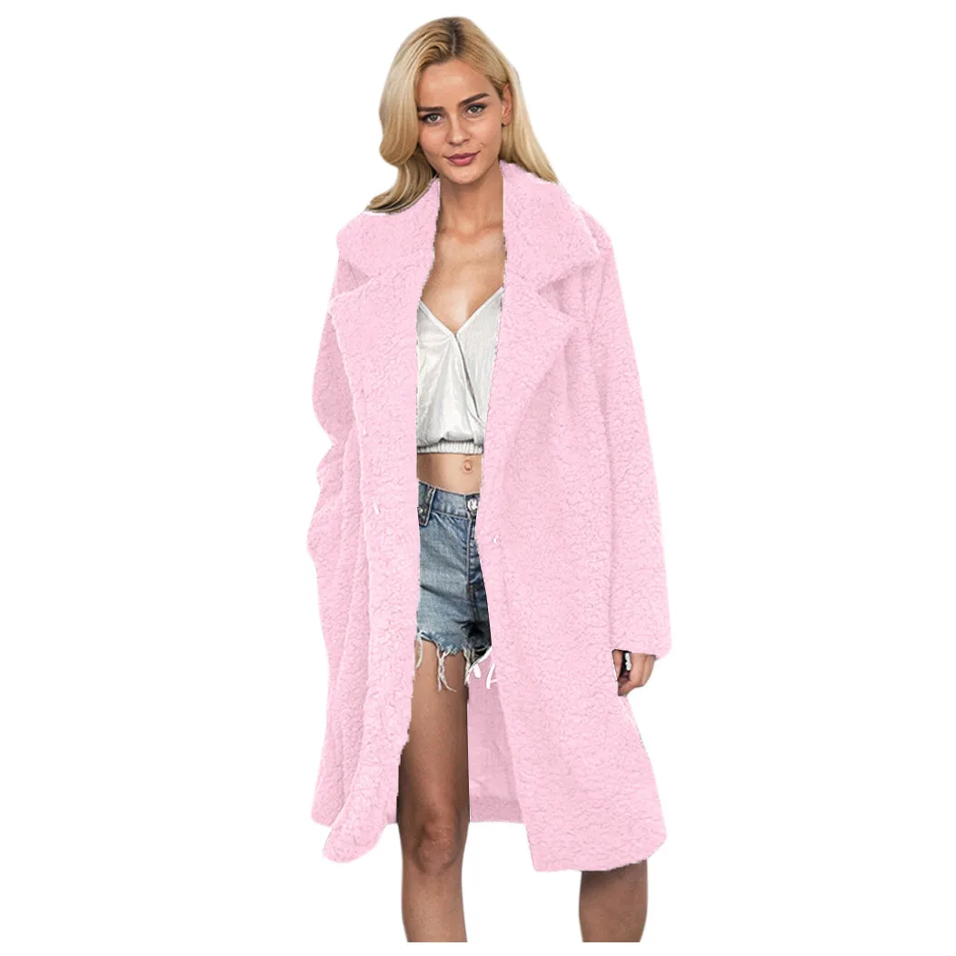 Womail Women Long Sleeve Autumn Winter Thick faux fur Warm Jacket Coats Plus Size Loose Pocket Pink Lady Plush Overcoat