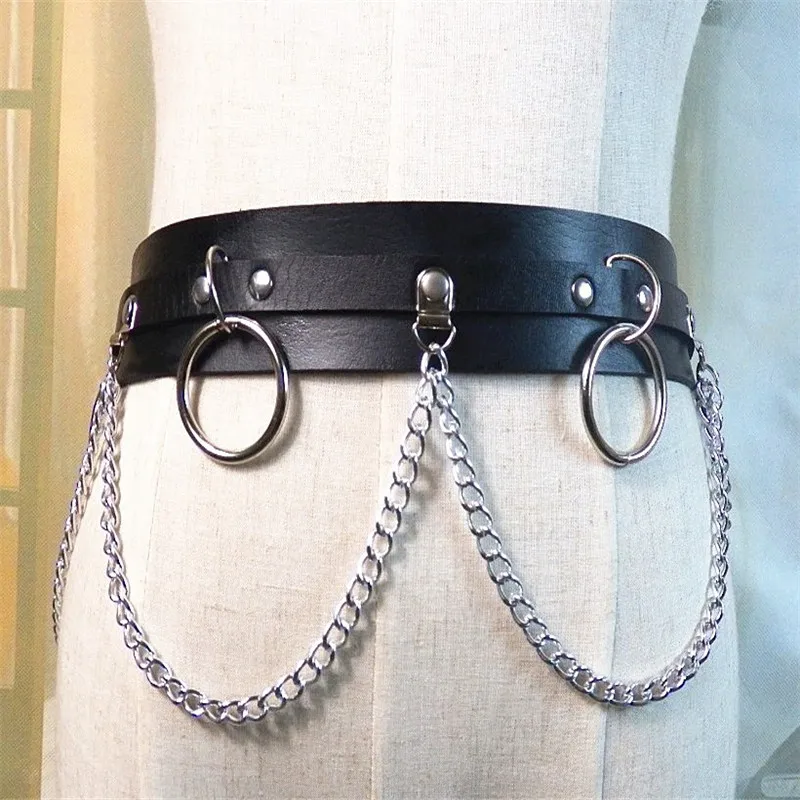 

2019 New Punk Gothic Faux Leather Belt Metal Chain Ring Waist Strap Street Dance Decor Trend Belt Geometric Waist Chain
