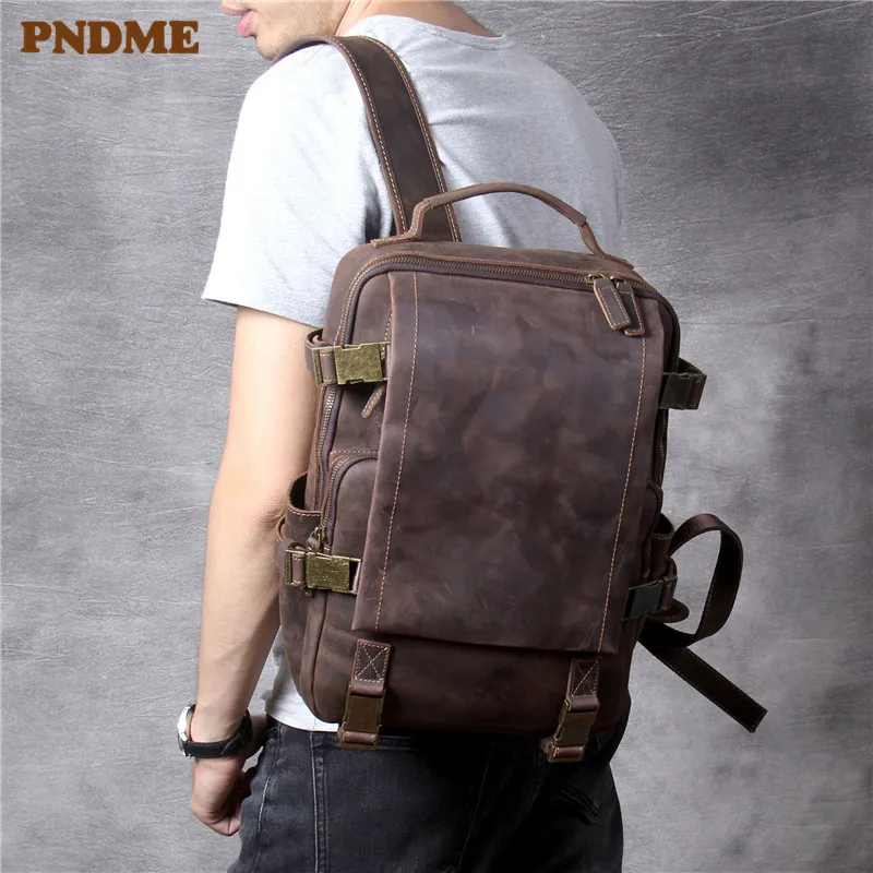 Best  PNDME vintage anti-theft crazy horse cowhide men's backpack casual high quality genuine leather tra