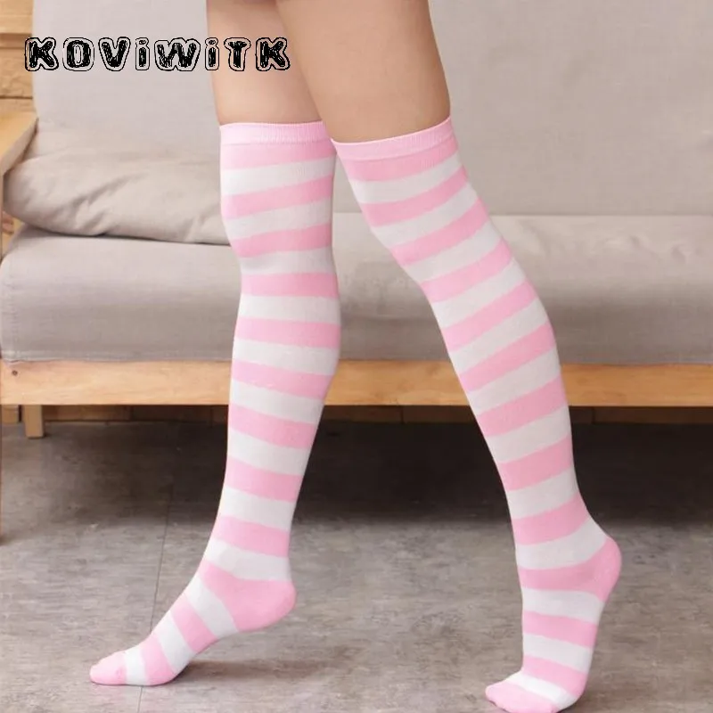 White pink Радужные чулки до колена для женщин s Sox сексуальные длинные чулки до бедра в полоску размера плюс красные \ черные компрессионные зимние женские чулки для девочек - Цвет: White pink