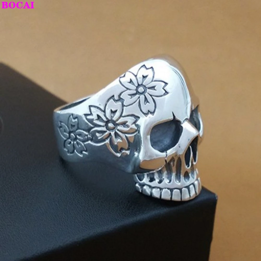 BOCAI S925 Sterling Silver Jewelry Manual Restoration Thai Silver Personality Ring Male Money Cherry Blossoms Skull Ring For Men