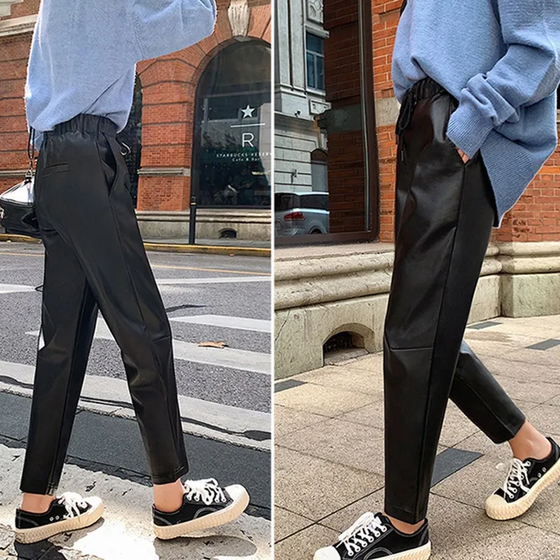 JUJULAND woman winter PU pants Leather pants with a tight waistline Leather pants for winter 9905