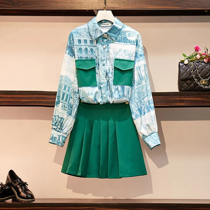 

HAMALIEL L-4XL Plus Size Autumn Women Pattern Print Chiffon Loose Shirt Two Piece Set + Fashion Mini Grren Pleated Skirt Set