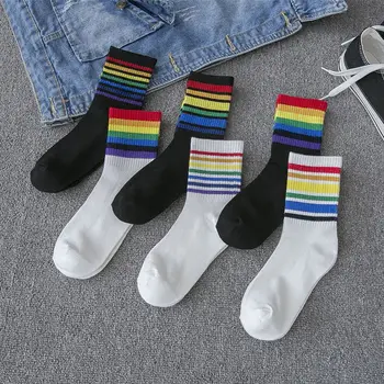 

Korean INS Fashion Socks Simple Colorful Stripes Rainbow Long Tube Cotton Socks Harajuku Retro Autumn Crew Socks