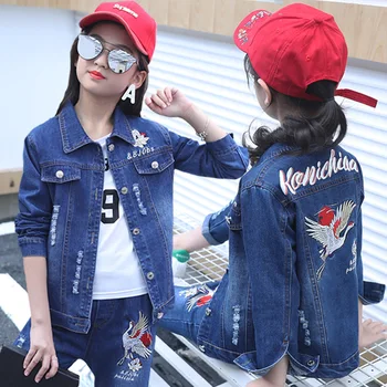 

Kids Spring Autumn Clothes Suits Cowboy cartoon Embroidery Denim Suit Cardigan Blue Coat+jeans 2Piece Set Girls Jeans Suit 3-12T