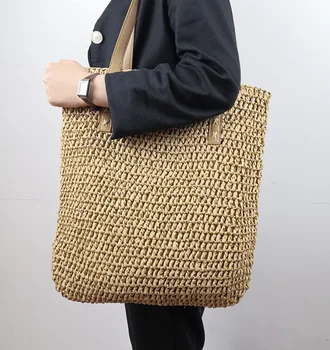 

2020 Women's Handmade Big Shoulder Bag Wild Style Zipper Handba Fashion Girl's Solid Beach Straw Bag Messenger Shoulder Bags