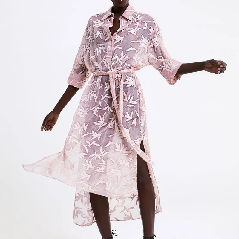 Женское шифоновое платье рубашка TEELYNN розовое с цветочной вышивкой и Боковым