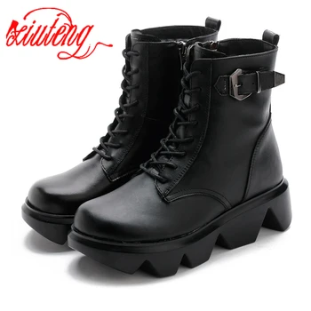 

Xiuteng British Style Women Autumn Winter Short Ankle Genuine Leather Boots Student Black 6 CM Heels Laides Pumps Boots Shoes
