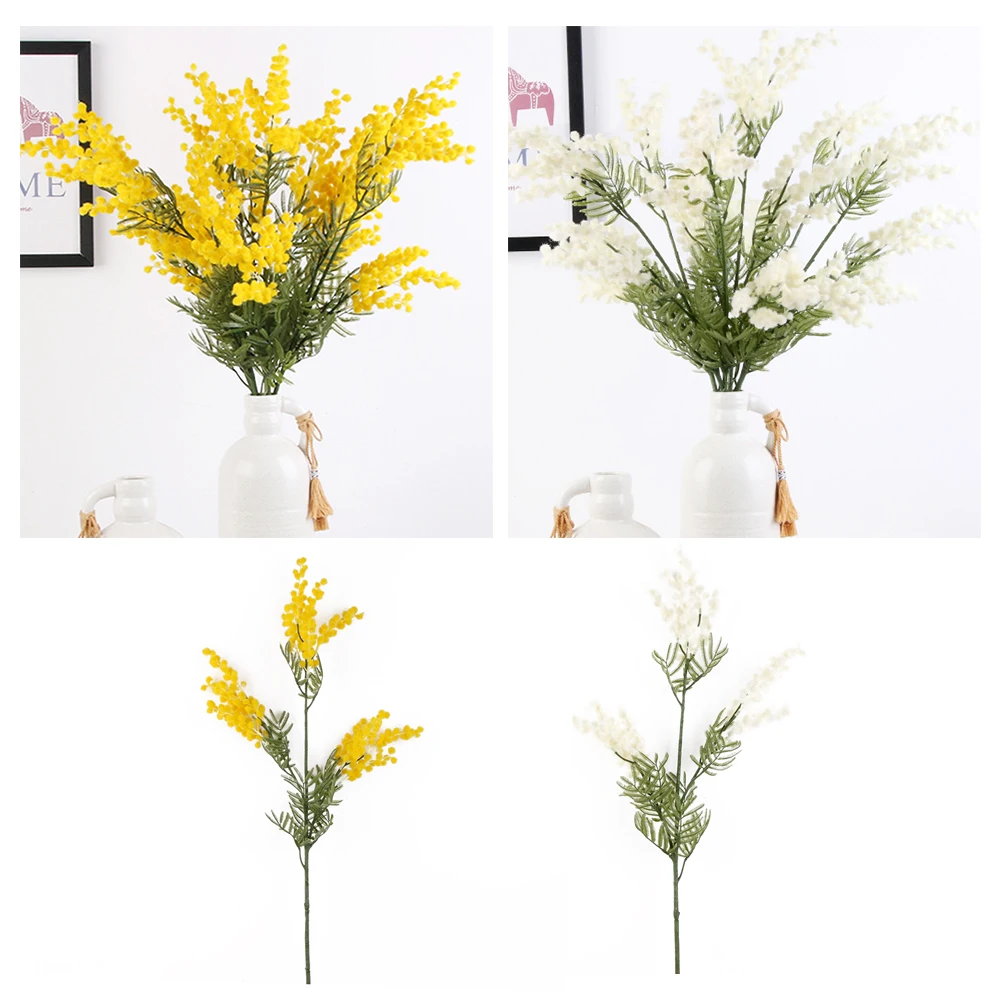 

85Cm 3 Forks Artificial Plants Acacia Yellow Mimosa Plush Spray Cherry Fake Silk Flower Lifelike Simulation Flower Decoration