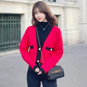 

Women V Neck Knitted Cardigan Sweater Red Single Breasted Knitted Jacket with Pockets