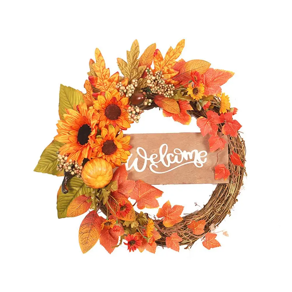 50cm Artificial Flower Sunflower Fake Wreath Autumn Color Wooden Sign Half Rattan Circle Thanksgiving Day Decor | Дом и сад