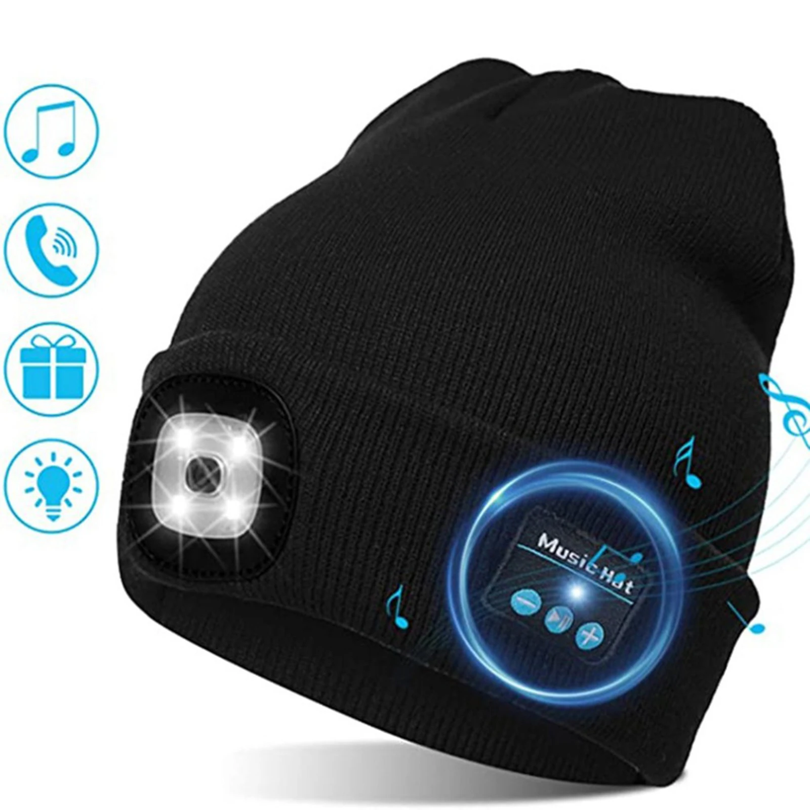 

Winter Beanie Hat Wireless Bluetooth V5.0 Smart Cap Headphone Headset With 4 LED Light Handfree Music Headphone for iphone 12