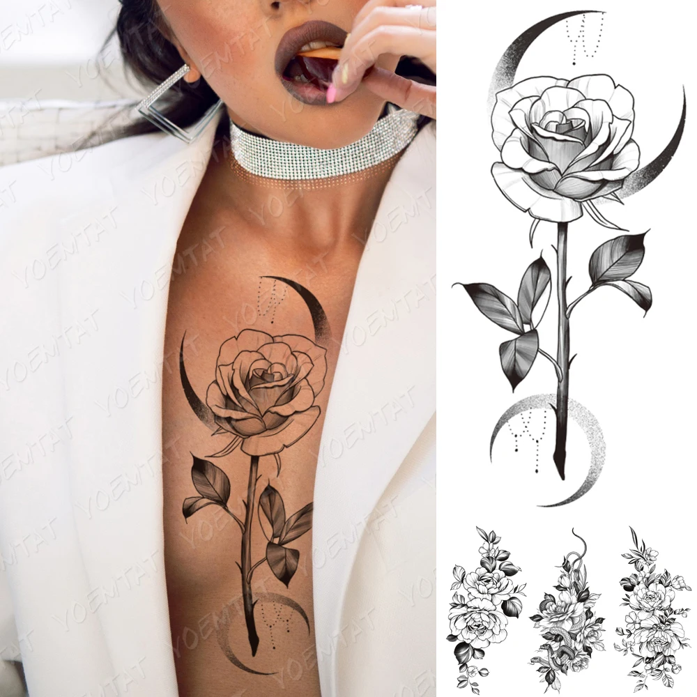 Tatouage Rose Et Lune Signification Autocollant De Tatouage Temporaire, Imperméable, Rose, Fleur, Lune, Perle,  Chaîne, Flash, Pour Femme, Noir, Sexy, Art Corporel, Poitrine, Faux Tatouage,  Pour Homme - Tatouages Éphémères - AliExpress
