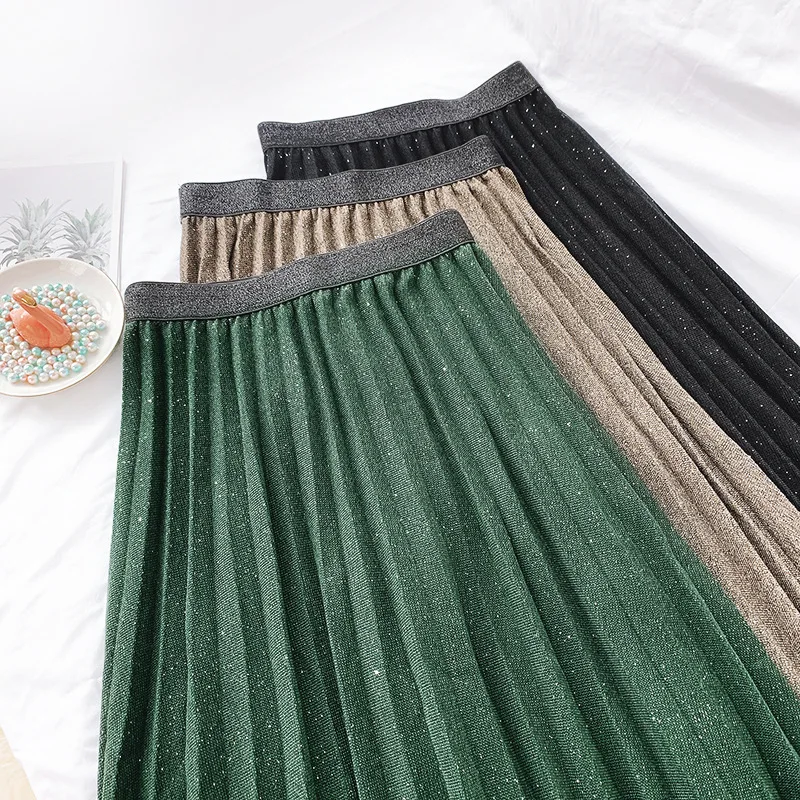 Ohryiyie корейские блестящие бархатные юбки женские осень зима Высокая талия Женская плиссированная юбка зеленая серая элегантная Длинная Юбка Femme