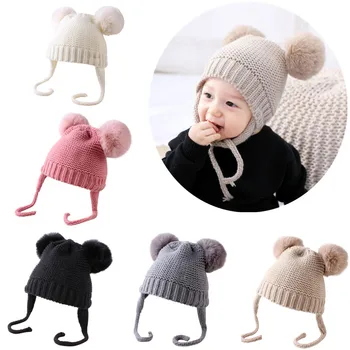 

Baby Boys Girls Bobble Knit Beanie Hat Plush Ball Ears Toddlers Outdoor Winter Warm Double Pompom Cap Warm Keeper